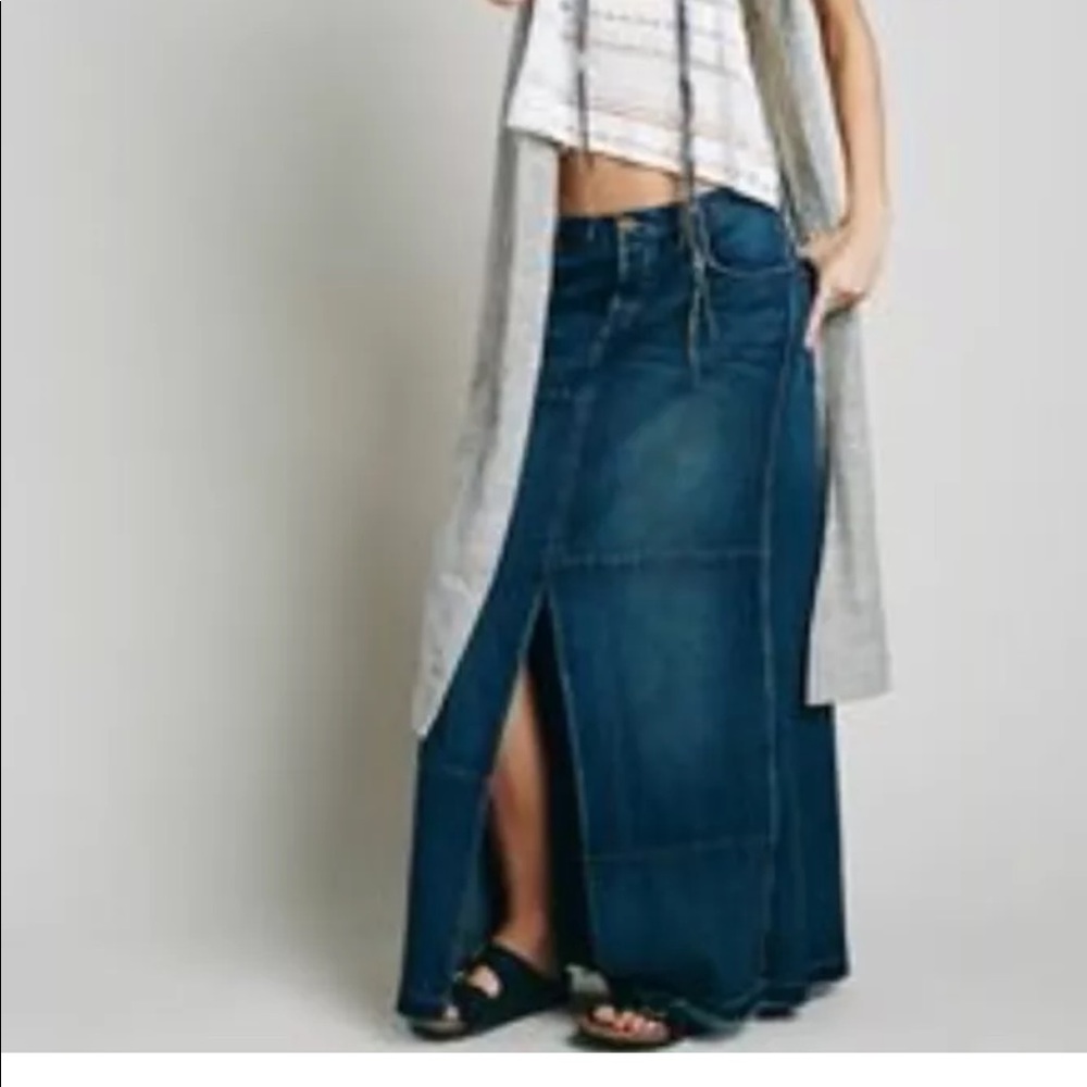 FREE PEOPLE Patchwork Denim Maxi Skirt w Frayed Hem